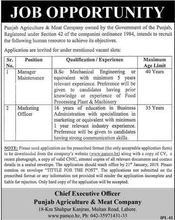 Punjab Agriculture & Meat Company Lahore Jobs For Manager Maintenance