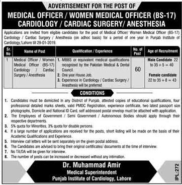 Punjab Institute of Cardiology Lahore Jobs for Medical Officer Career