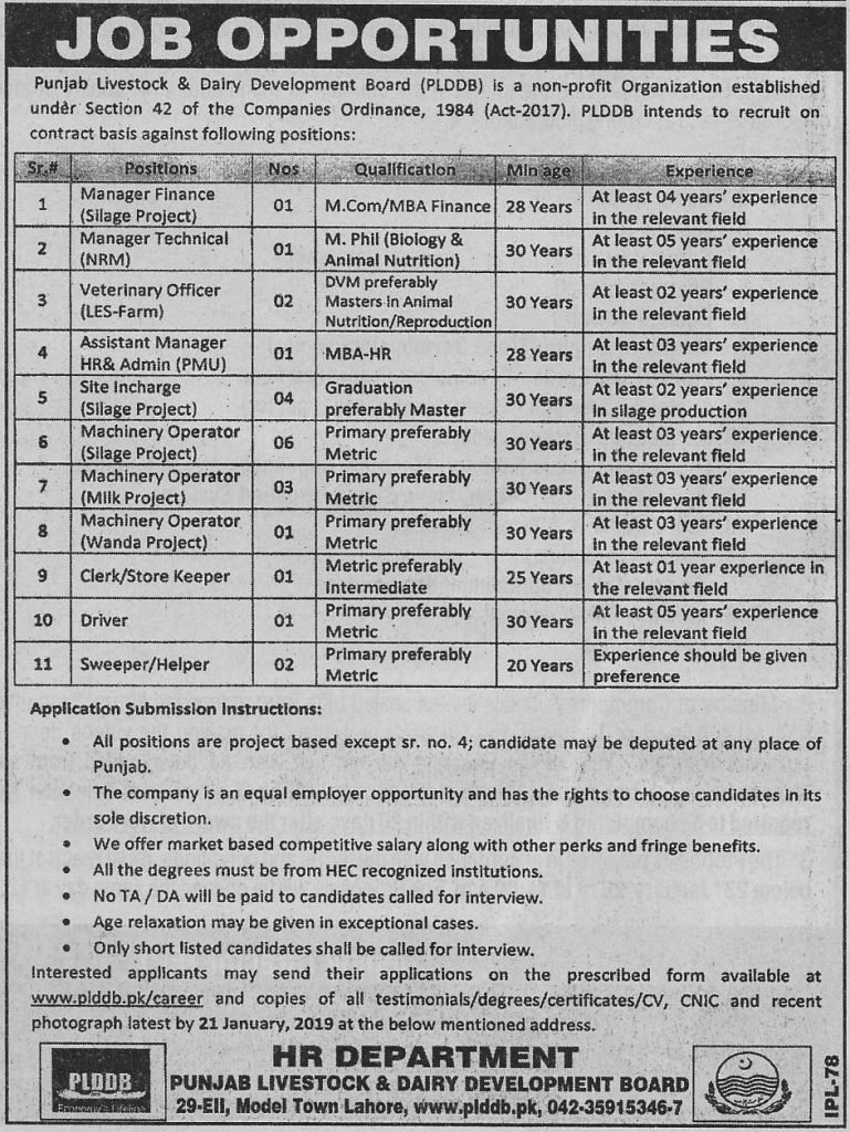 Punjab Livestock & Dairy Development Board Lahore Jobs for Manager Finance Career