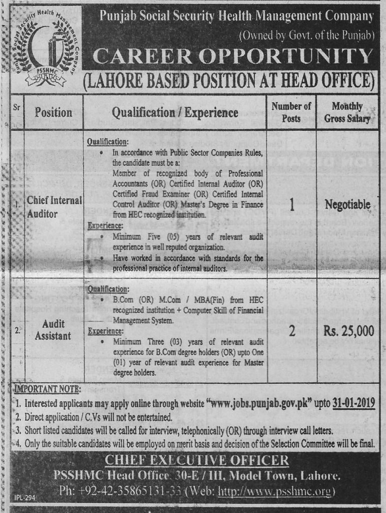 Punjab Social Security Health Management Company Lahore Jobs For Chief Internal Auditor