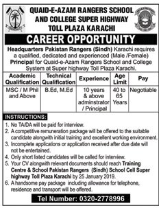 Quaid e Azam Rangers School & College Karachi Jobs for Principal Career