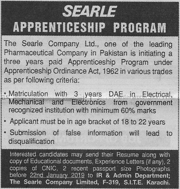 Searle Company Limited Karachi Jobs For Apprenticeship