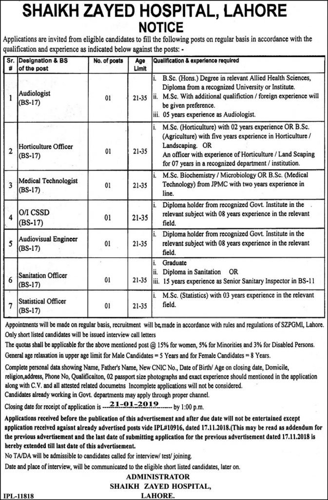 Shaikh Zayed Hospital Lahore Jobs For Audiovisual Engineer Sanitation Officer & Statistical Officer