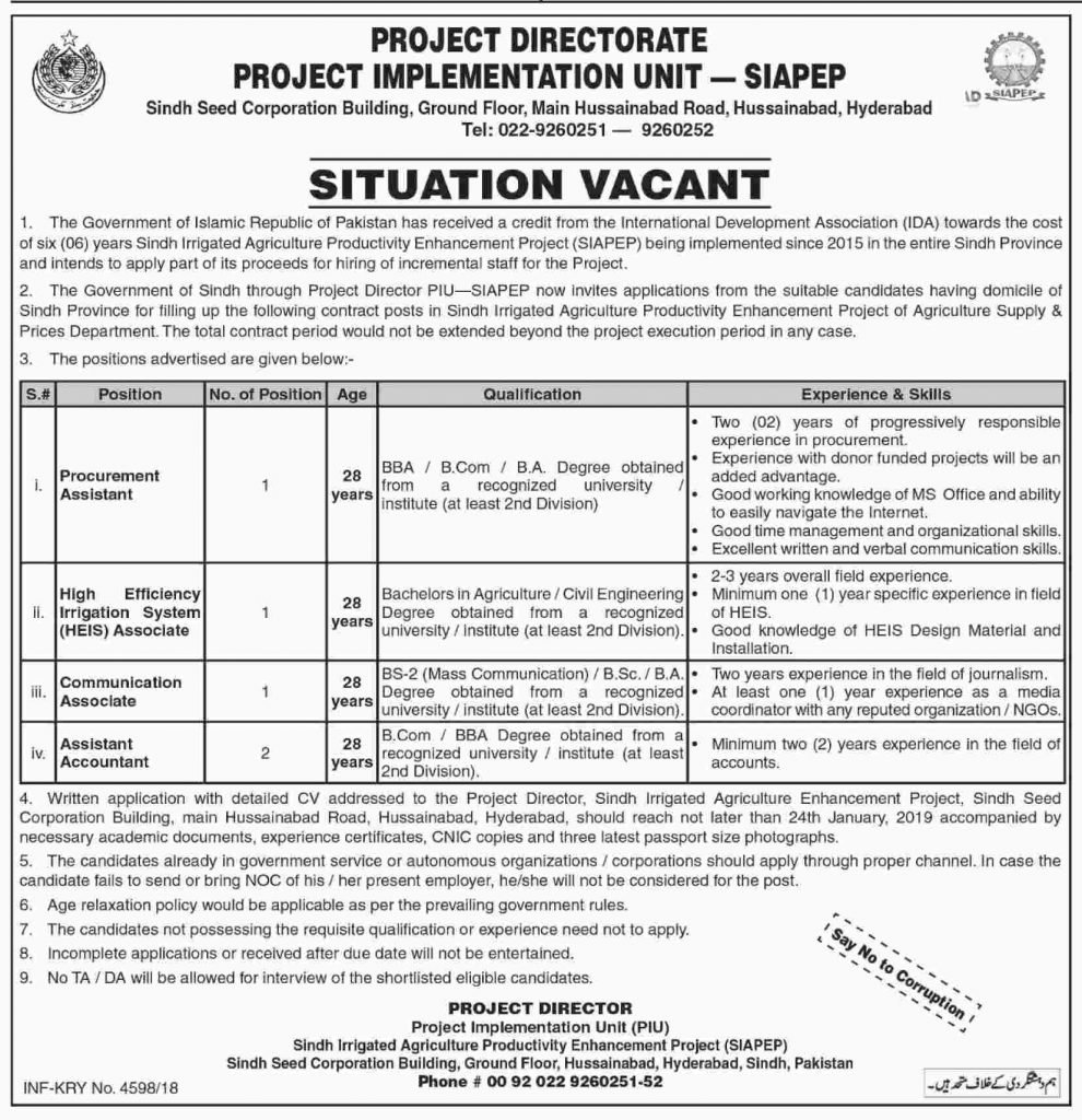 Sindh Irrigated Agriculture Productivity Enhancement Project Hyderabad Jobs For Procurement Assistant