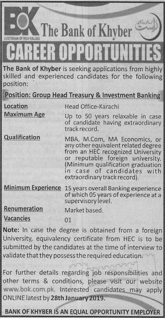 The Bank Of Khyber Karachi Jobs For Group Head Treasury & Investment Banking Career