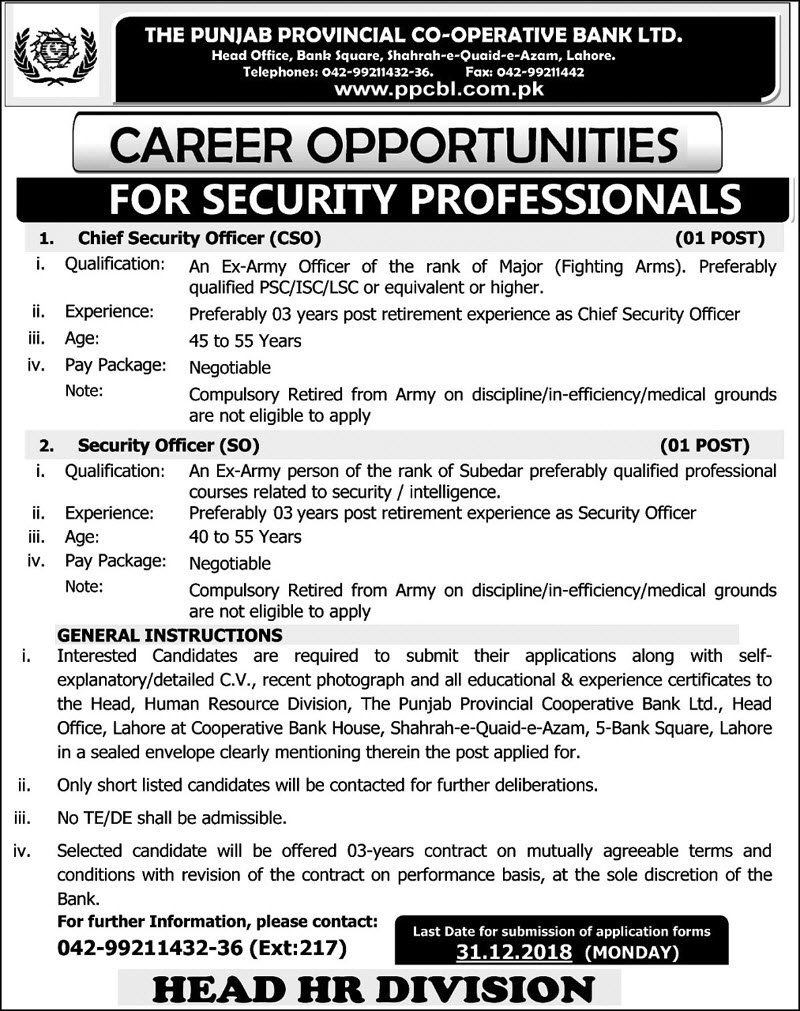 The Punjab Provincial Cooperative Bank Ltd Lahore Jobs