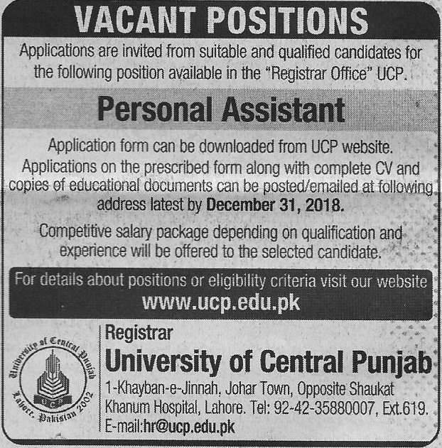 University Of Central Punjab Lahore Jobs