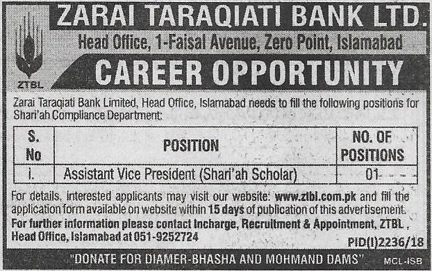 Zarai Taraqiati Bank Limited Islamabad JobsPost